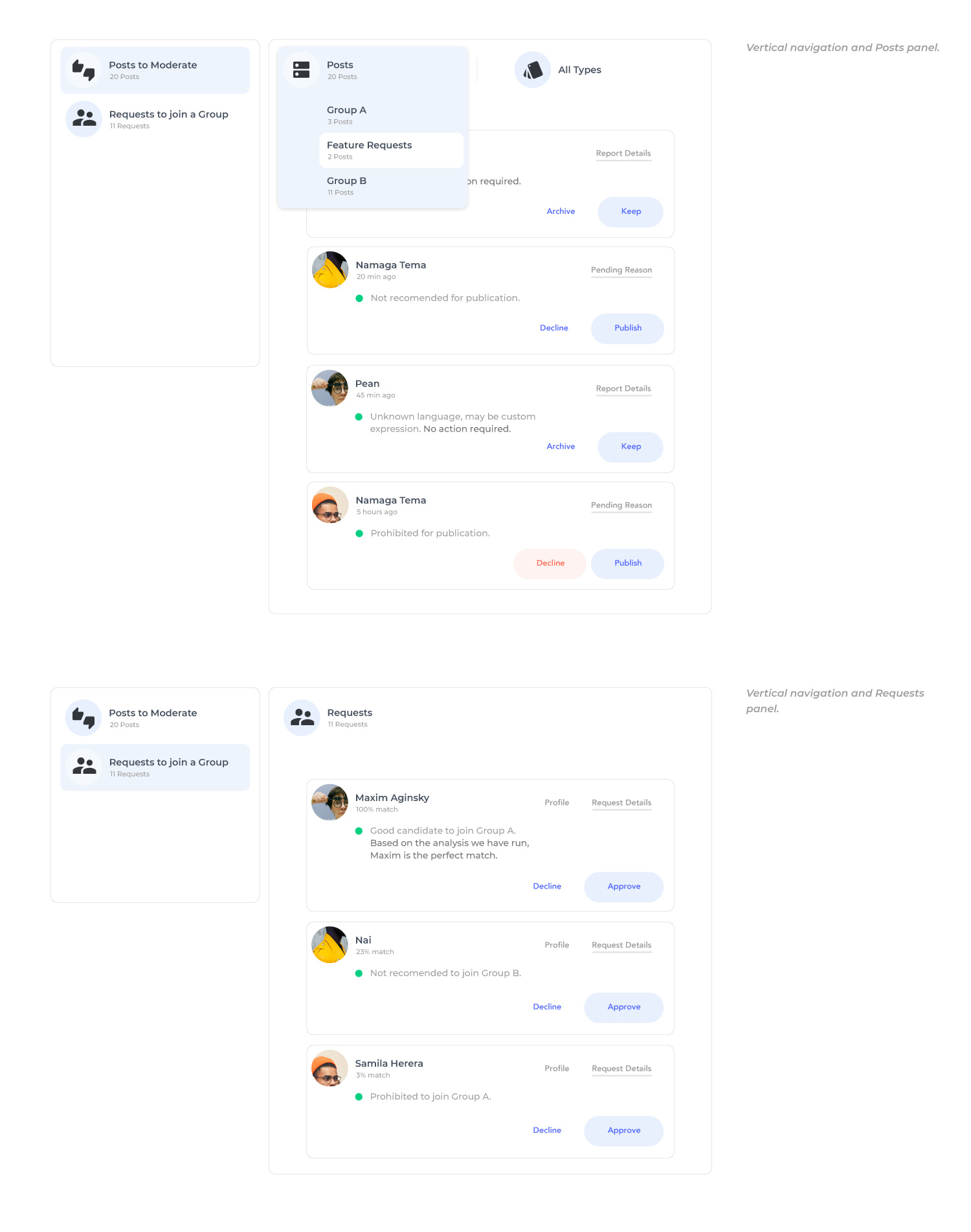 UI that will help Admins to filter posts by group and type.